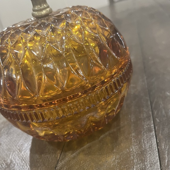 Vtg Indiana Glass Amber Candy Dish Fairy Lamp Metal Acorn Finial Mount Vernon - Picture 7 of 10